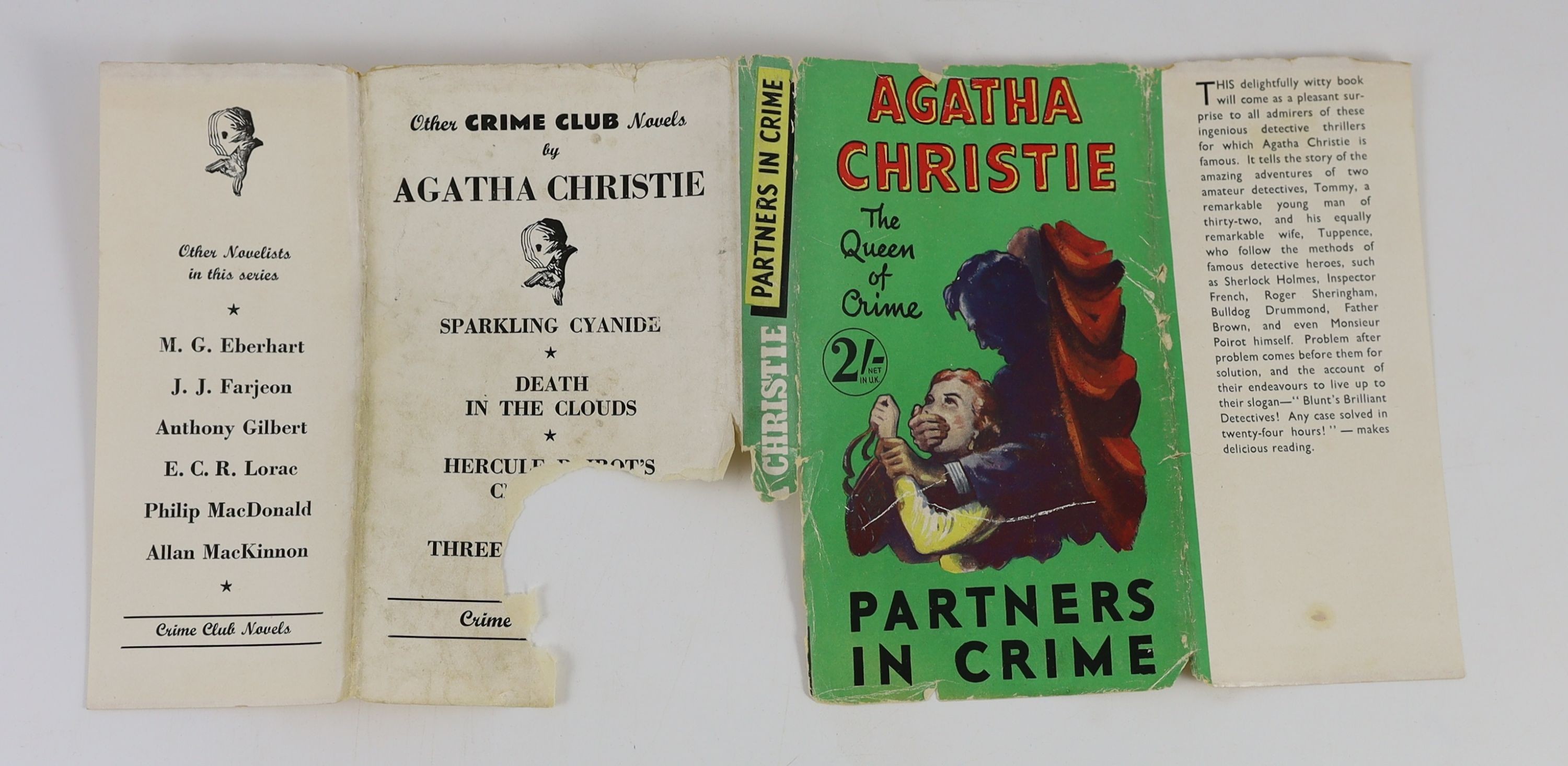 Christie, Agatha - 12 works - Partners in Crime, with torn d/j, with loss to spine and lower rear panel, nd, [1929], Death on the Nile, 2nd impression, in unclipped d/j, with loss to lower spine, 1938; Cards on the Table